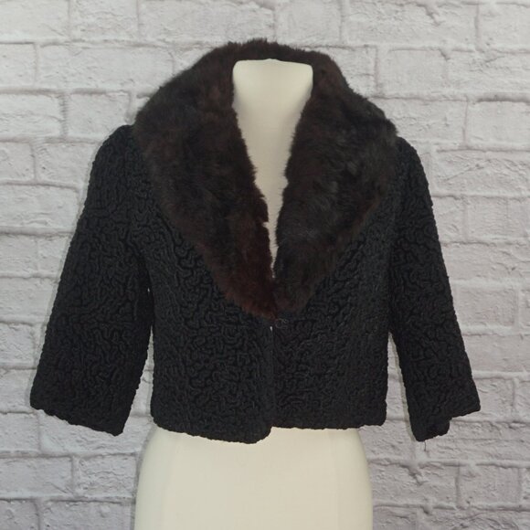 Vintage 50s Persian Curly Lamb Mink Fur Collar Cropped Jacket - Picture 1 of 7